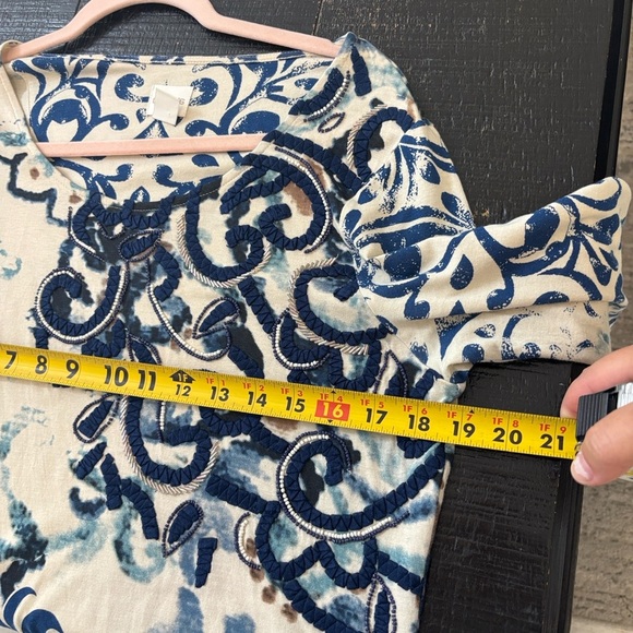 Chicos’s Beaded Embellished Paisley Top Blue Off White Pattern size 1 US8 / M - Picture 7 of 9